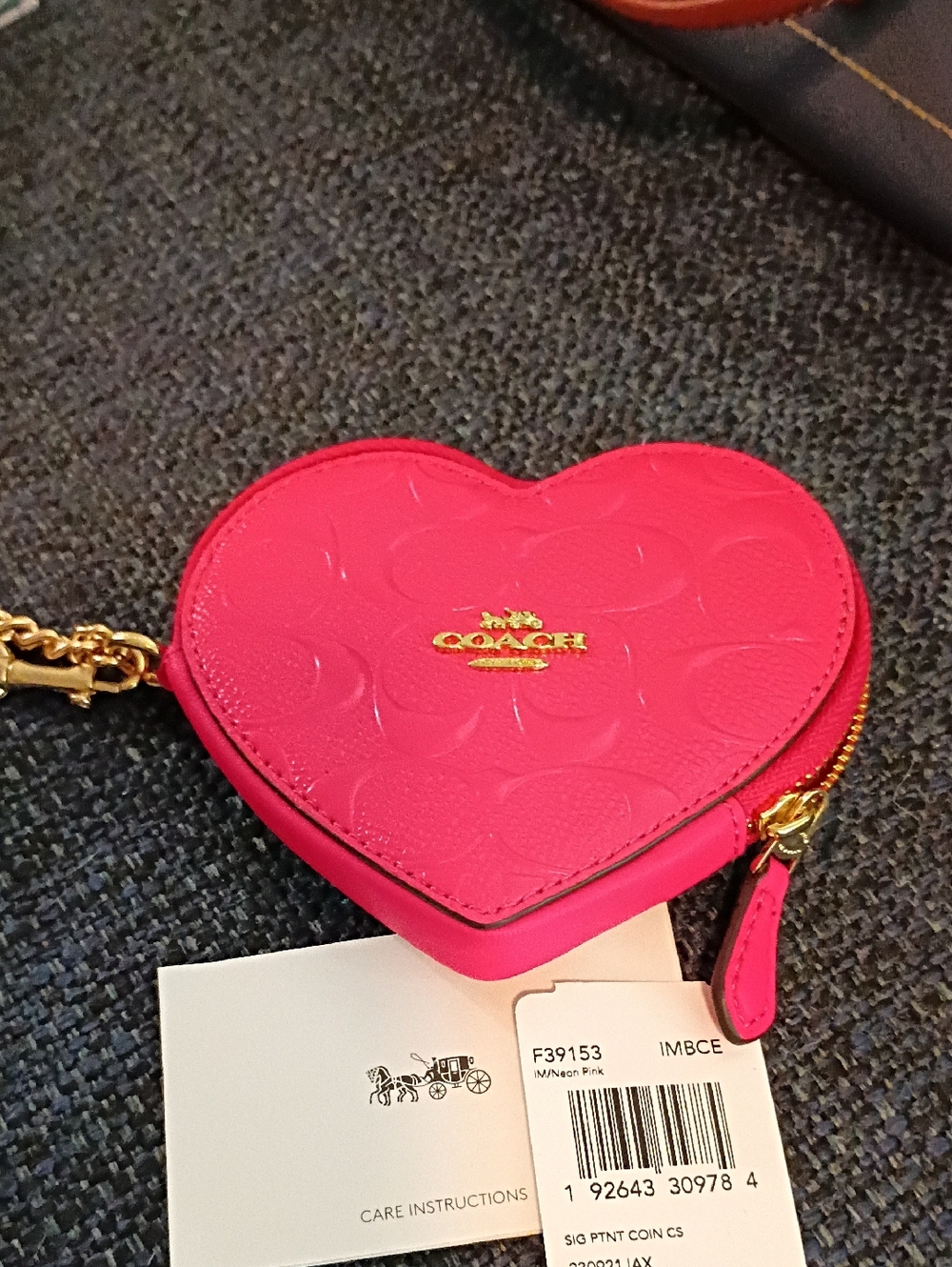 Coach Neon Pink Heart Coin Case with Gold Hardware